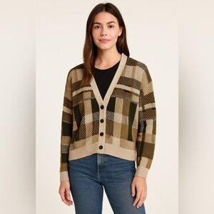 The Italian Sweater Co Brown Black Tan Plaid Cardigan Sweater S